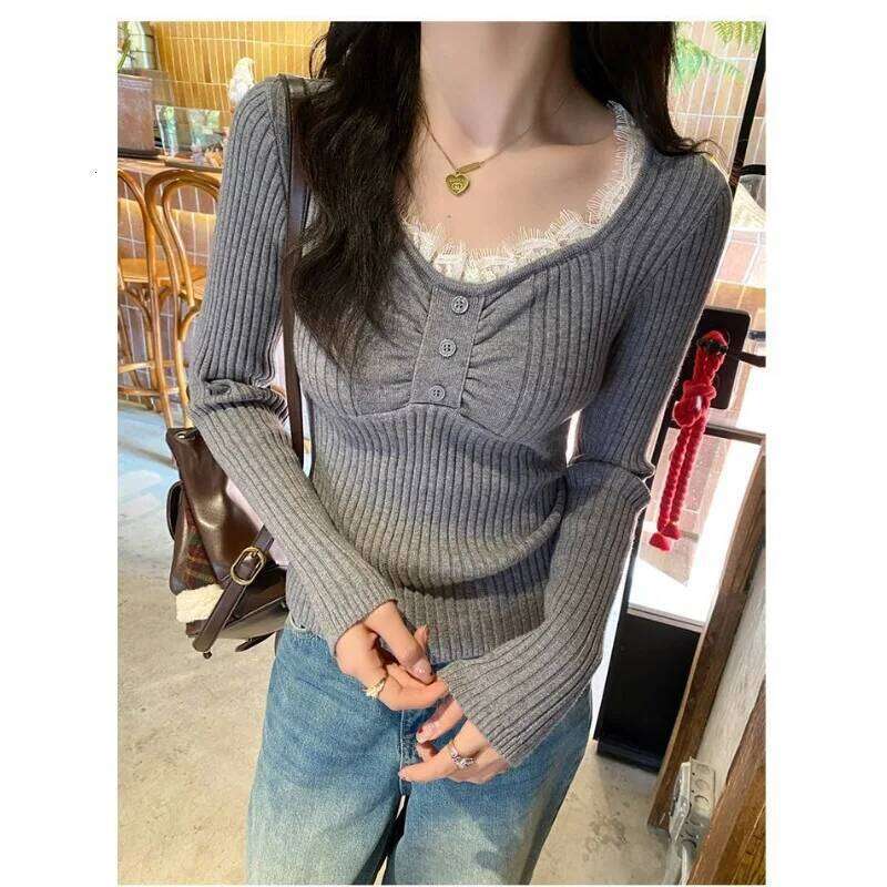 Sweet Lace Edge V-neck Knitted Bottoming Shirt for Women Slim Fit Autumn and Winter Sweater Cropped Top Z260313