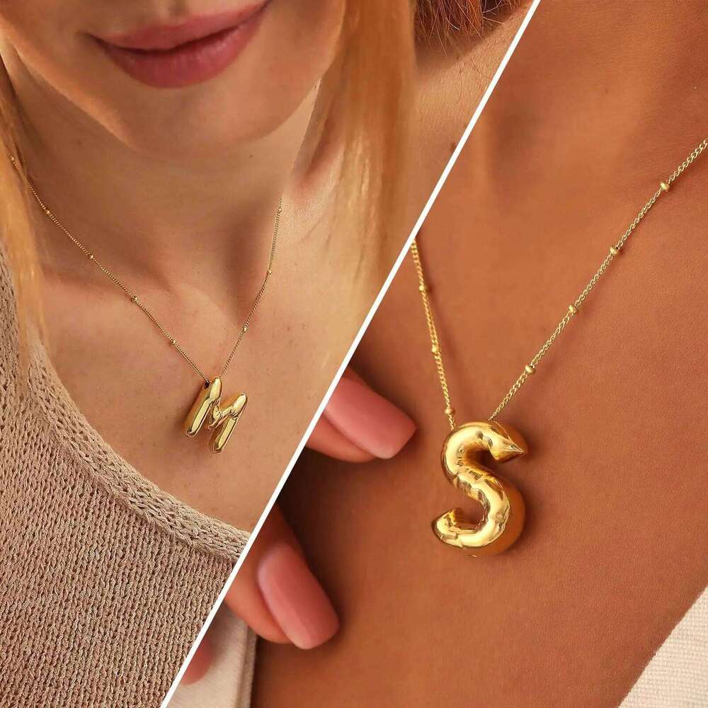 Delicate Chunky Alphabet Balloon Bubble Initial Letter Pendant Necklace for Women Men Stainless Steel Gold Plated Necklaces H260312
