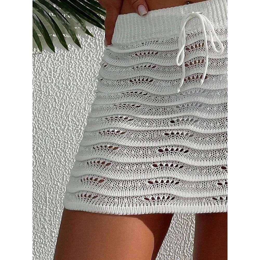 Spring and summer beach fashion elegant dress solid color hollow bikini cover knit short skirt Z260314