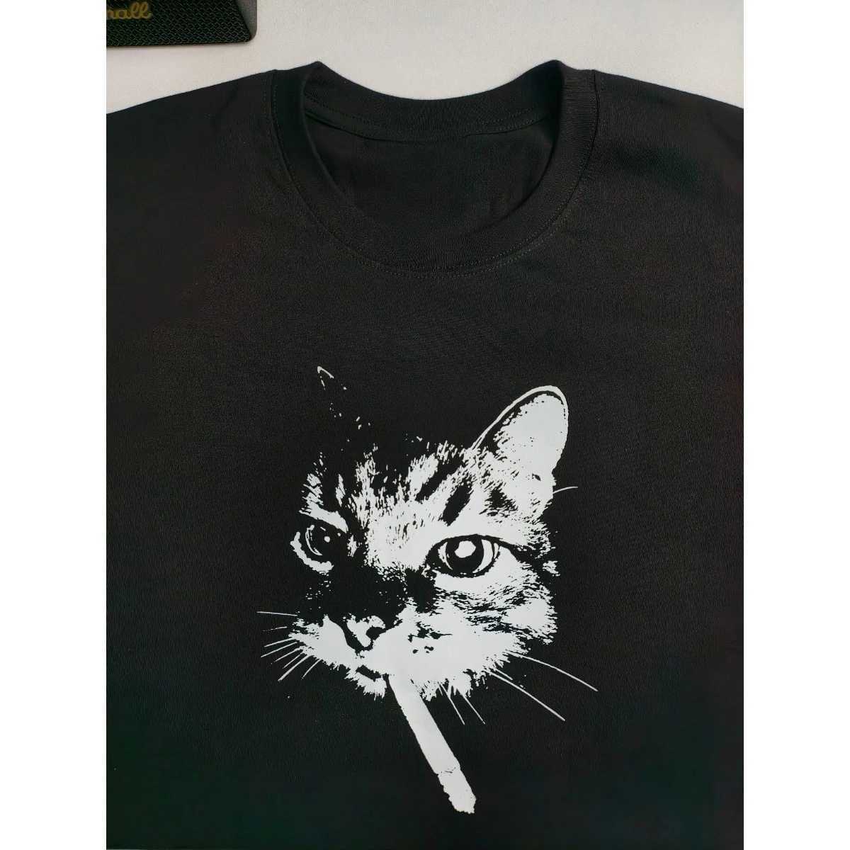 New High-quality American Street Smoking Cat Retro Trendy Personalized Printed T-shirt Mens Windshield Loose Short Sleeves D260313