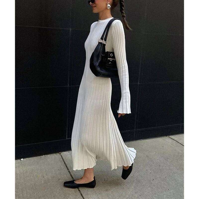 Autumn Winter Round Neck Solid Color Pleated Robe Femme Long Sleeve Knitting Ankle Length Vestidos Women Slim Bottoming Dress Z260313