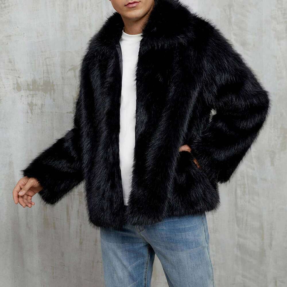 Men Faux Fur Coat Loose Solid Lapel Neck Long Sleeve Open Front Warm Furry Winter Jacket Z260313