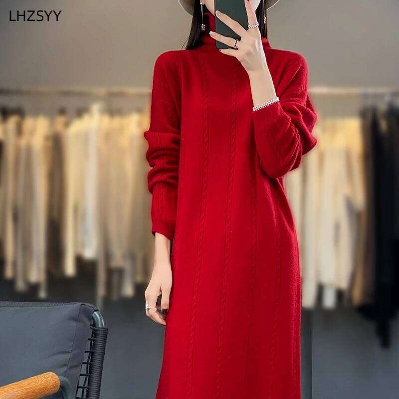 LHZSYY Turtleneck 100% Pure Wool Women's New Autumn Winter Hip Wrap Knit Skirt High-End Sweaters Loose Cashmere Long Dress Z260314