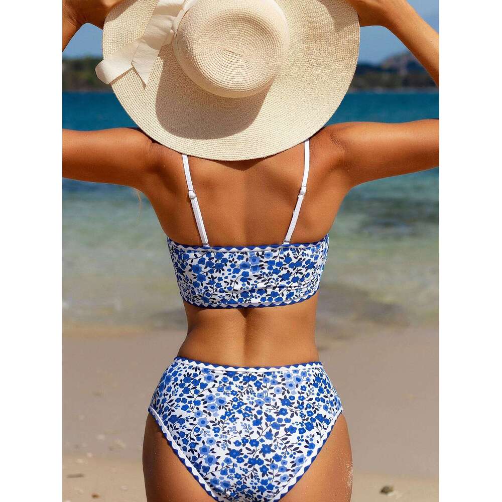 Sexy High Waist Bikini 2024 Floral Bandeau Swimsuit Female Swimwear Women Thong Bikinis Set Bather Beachwear Bathing Suit Pool Y260303