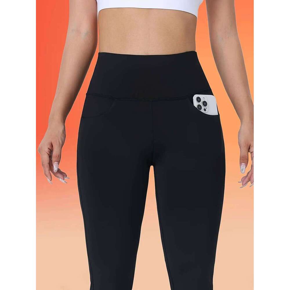 Women's High-Waisted Fleece-Lined Flare Leg Pants - Solid Color Quick-Dry Knit Trousers with Side Pockets, High Stretch