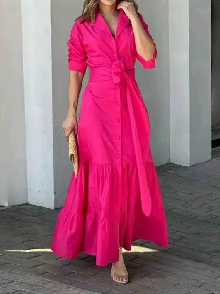 Elegant Womens Dress Summer Fashion Solid Color Long-sleeved Shirt Dress Boho Style Waist Lace-up Maxi Dresses Femme VestidosT260314