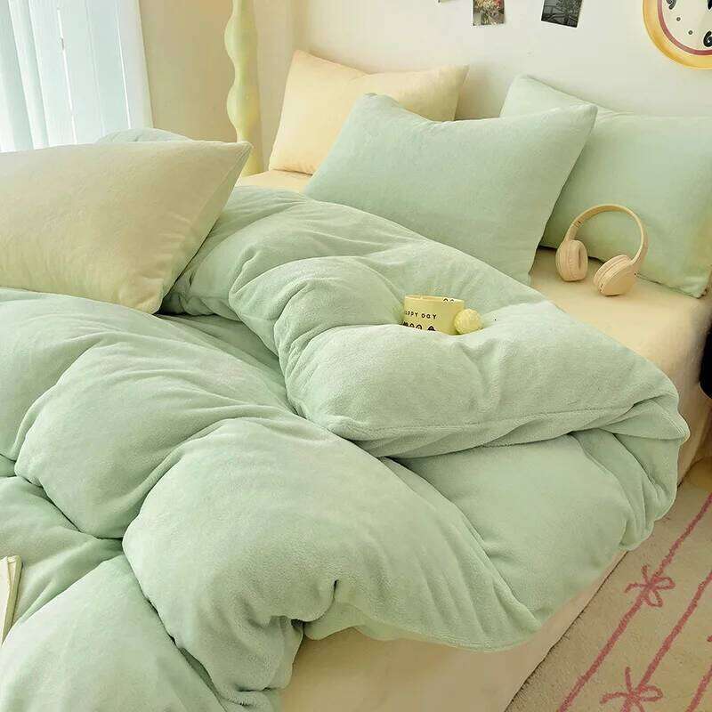1/3/4pcs Winter Duvet Cover or Bed Set Flannel Velvet Home Linens Warmth Coral Fleece Plush Candy Solid Bedding Drop Shipping H260312 - view 4