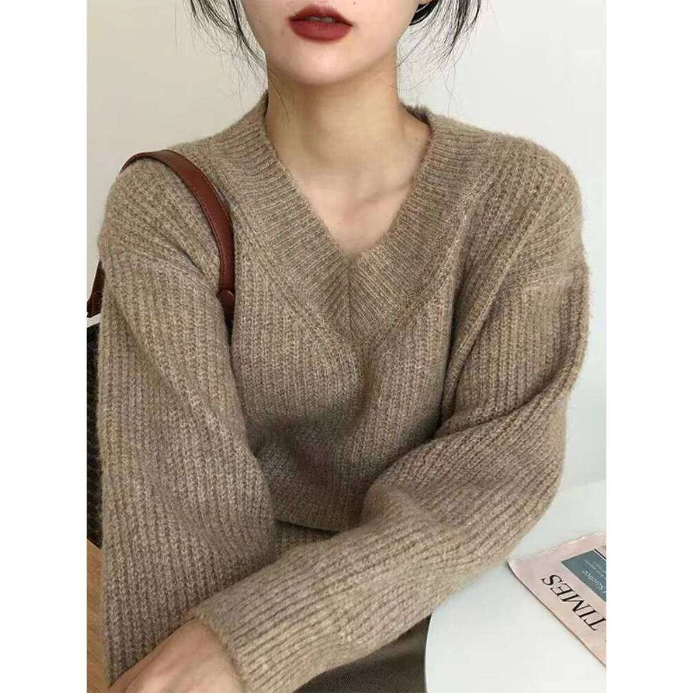 AOSSVIAO 2025 Vintage Knitted Sweater Long Sleeve V-neck Korea Style Autumn Winter Knitwear Pullovers Women Jumper Chic Tops Z260313