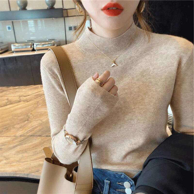 Autumn Winter Women Mock neck Sweaters Pullover Tops Knitwear Fashion Female Long Sleeve Skinny Elastic Casual Knitted Shirts Z260313