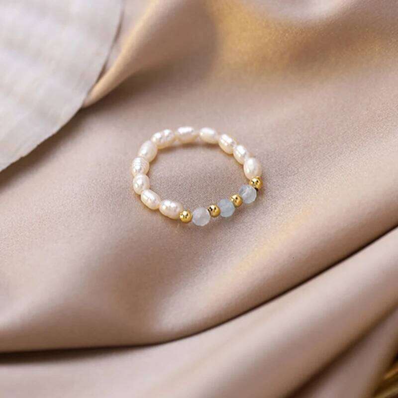 New Retro Crystal Beaded Rings Natural Freshwater Pearl Geometric Ring for Women Korean Minimalist Girl Party Jewelry Gift H260312