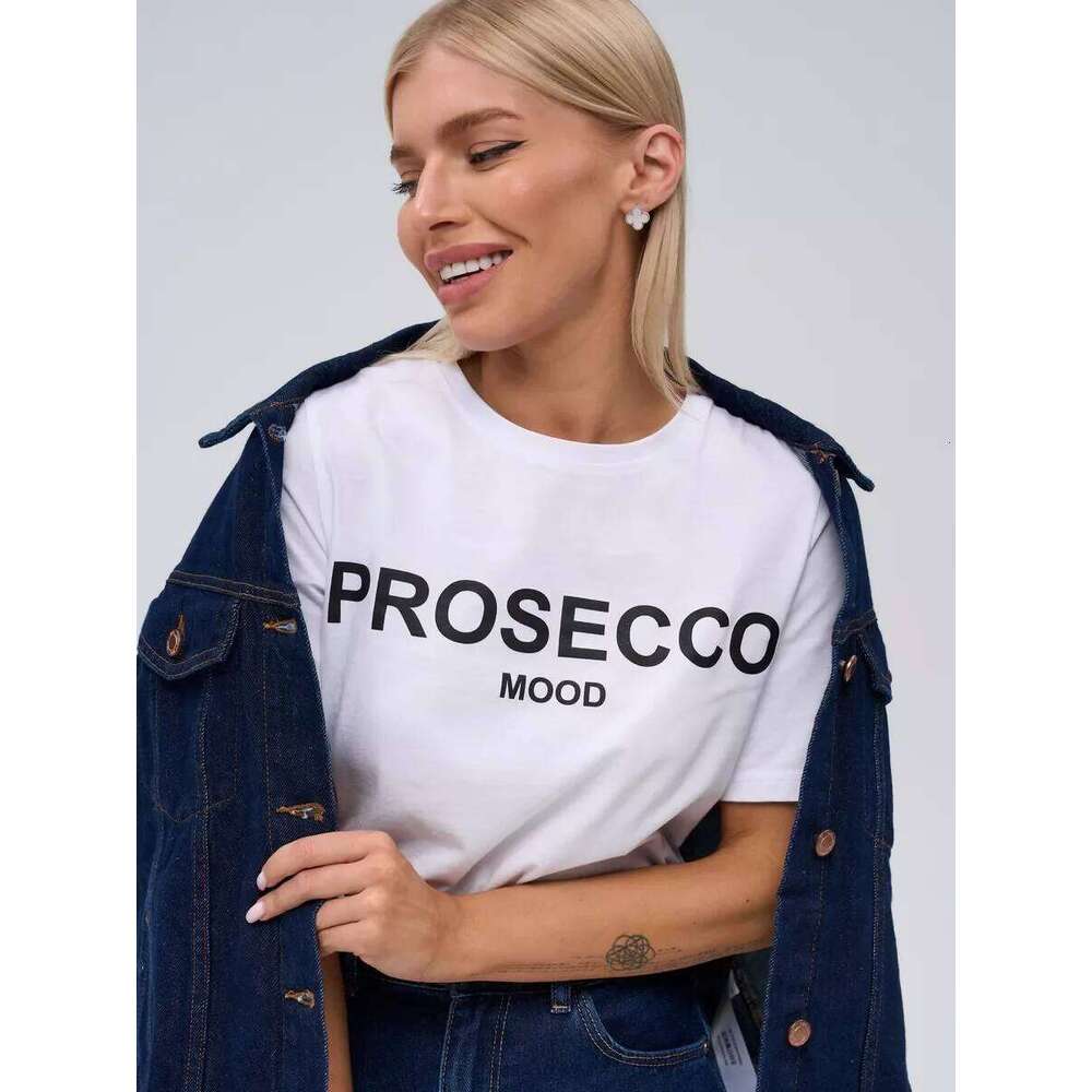Summer Cotton Top PROSECCO MOOD Letter Printed Women's Casual Street Y2K Harajuku Loose T-shirt Tops Z260314