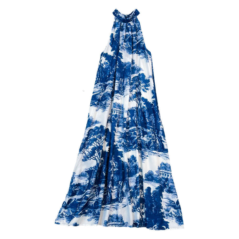 French retro high-end backless collar with a16 ink print sleeveless A-line skirt, elegant and suitable for seaside vacations