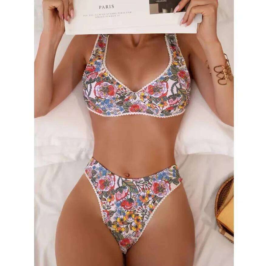 Sexy Bikini 2025 Women Flower Print Push Up Swimsuit Soft Split Bathing Suit Gathered Bra Low Waist Bikinis Sets Beach Swimwear Y260303