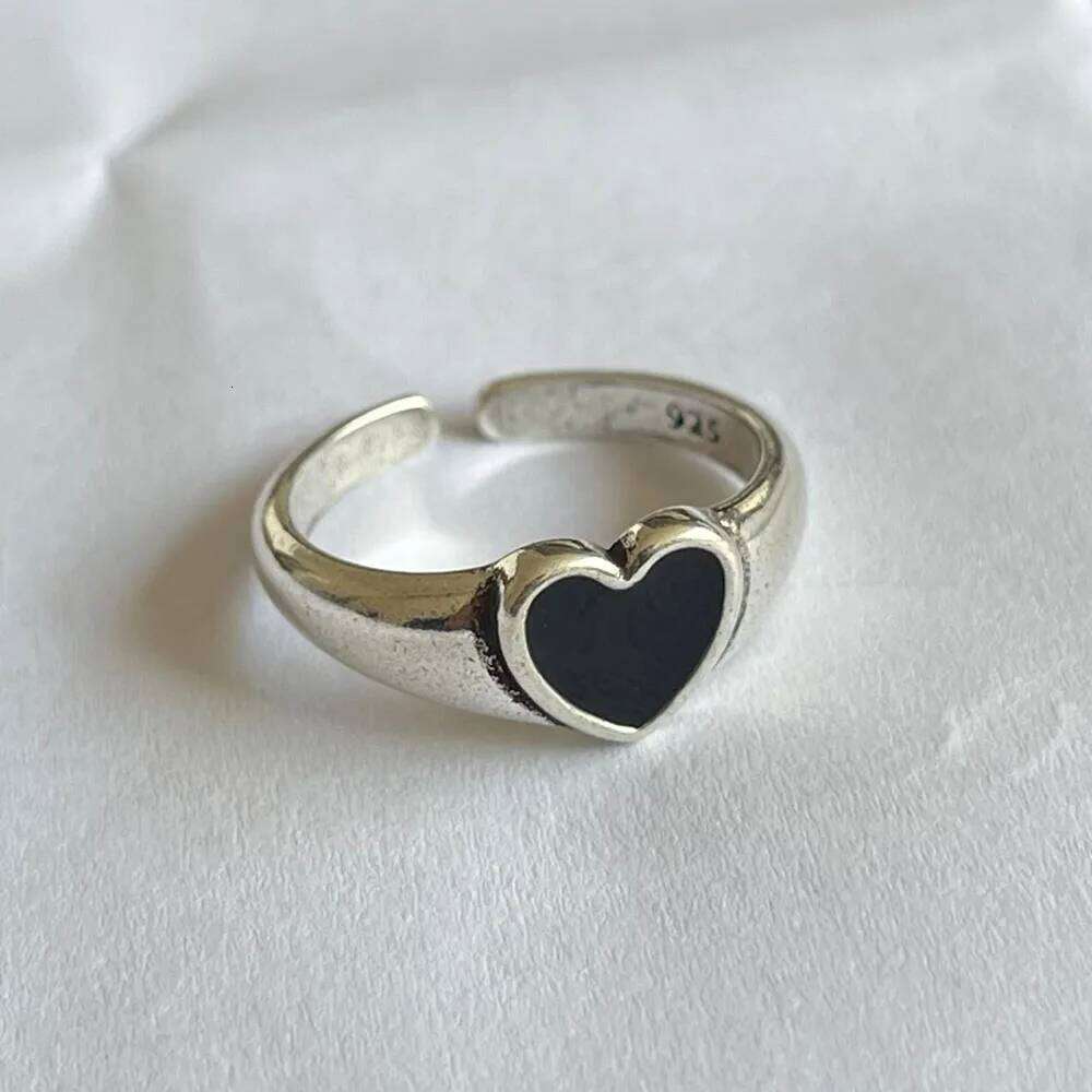 925 Sterling Silver Rings For Women Simple Vintage Handmade Adjustable Finger Black Heart Ring Fashion Band Female Bijoux Gift H260312