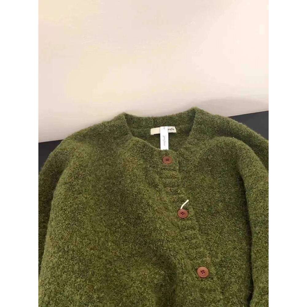 Retro Green Knitted Cardigan Women's New Autumn/Winter Round Neck Single Breasted Soft Thick Sweater Loose Casual Commuting Coat Z260313