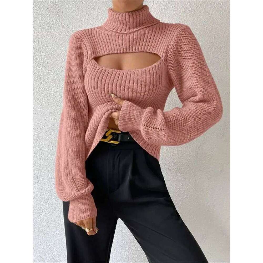 Autumn and Winter Sexy Loose Versatile High Neck Hollow Breast Leakage Sweater Women Z260313