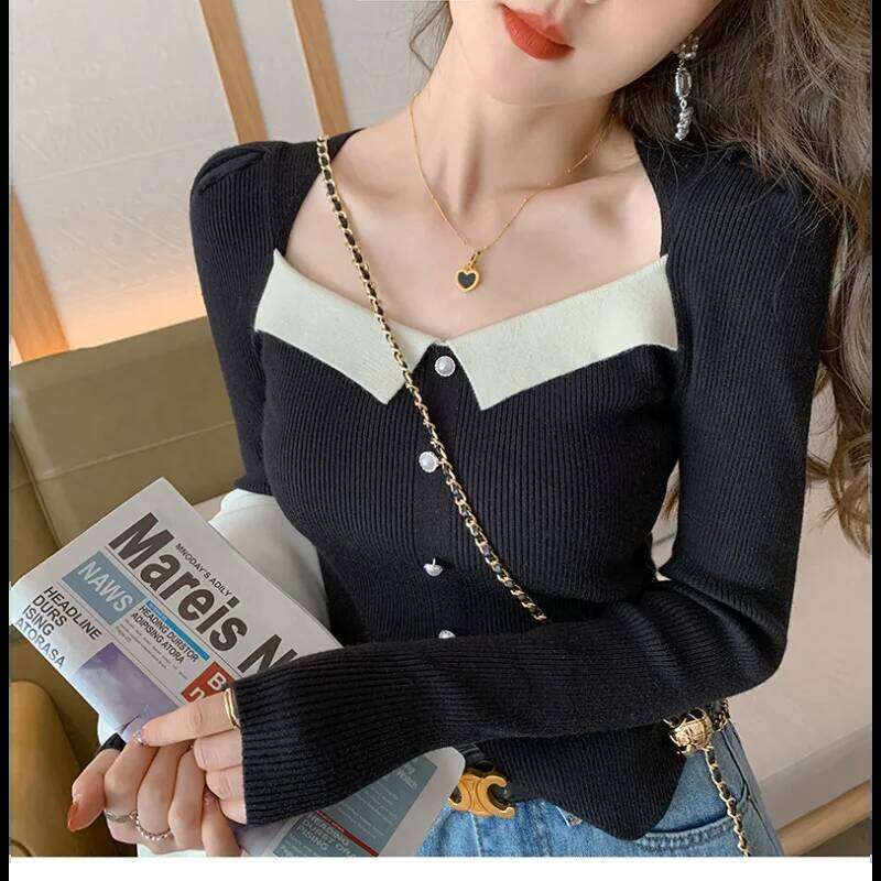 Fashion Elegant Color Block Knitwear Women Spring Autumn New Design Sweater Pullover Slim Fit Versatile Slimming Top Z260313
