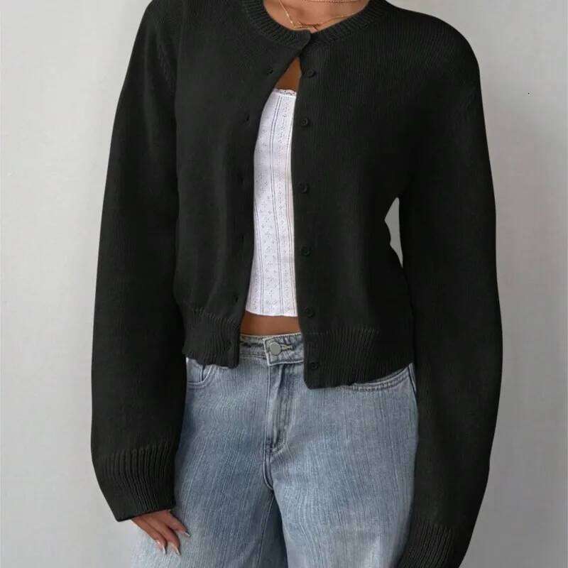 Autumn Winter Round Neck Threaded Long Sleeved Button Women's Cardigan Jacket Sweater Short Leisure Loose Solid Color Top Z260313
