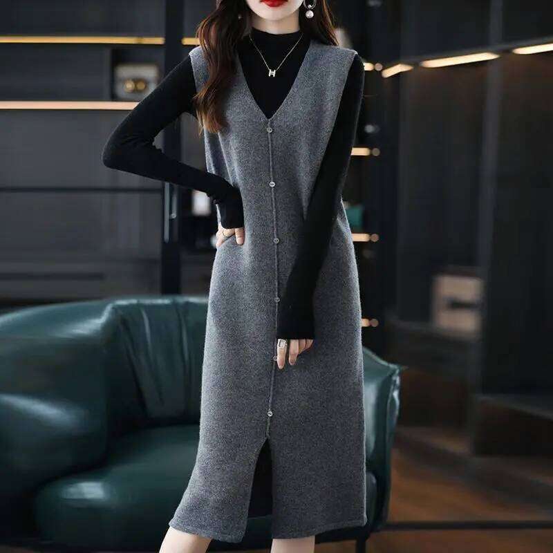 Medium to Long Sleeveless Knitted Knee Length Autumn Winter V-neck Solid Dress Stylish Sweater Vest Skirt Z260314