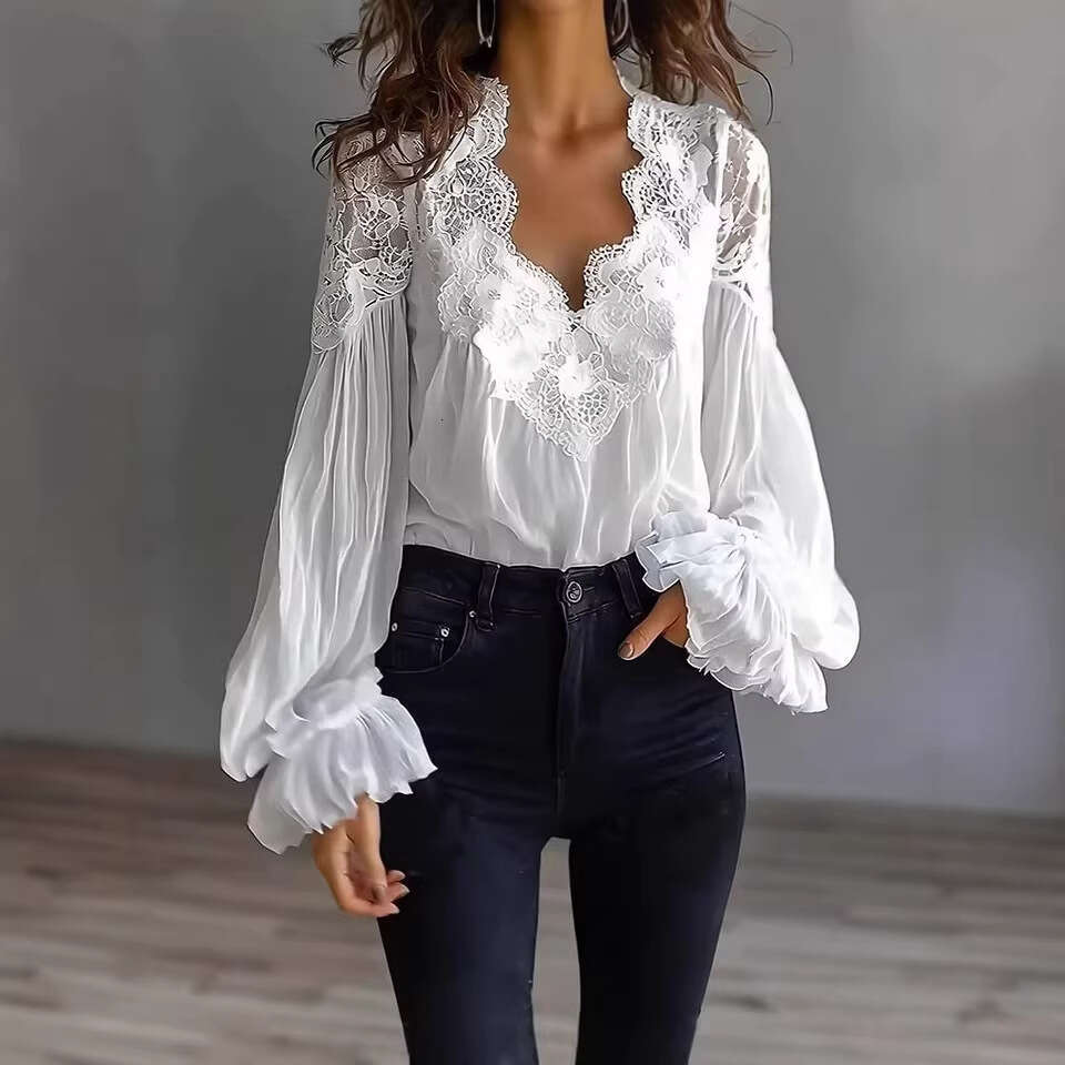 Women's Blouse Solid Color Elegant Sexy V-neck Lace Splicing Lantern Sleeve Solid Blouse Office Commuter Chic Shirt For Female shirt thin women