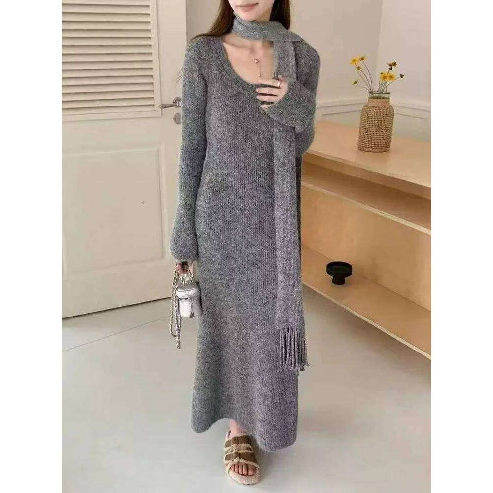 Vintage Knitted Midi Y2K Autumn Slim with Scarf Long Sleeve Dress Korean Streetwear Chic All Match Female Vestidos Z260314
