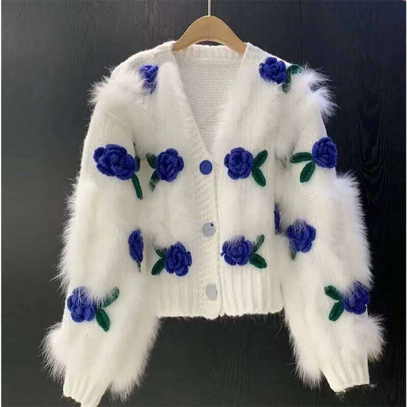Women's New Sweet 3d Hook Flower Sweater 2025 Autumn Female Loose Splicing Hairy Rose Blossoms Top Z260313
