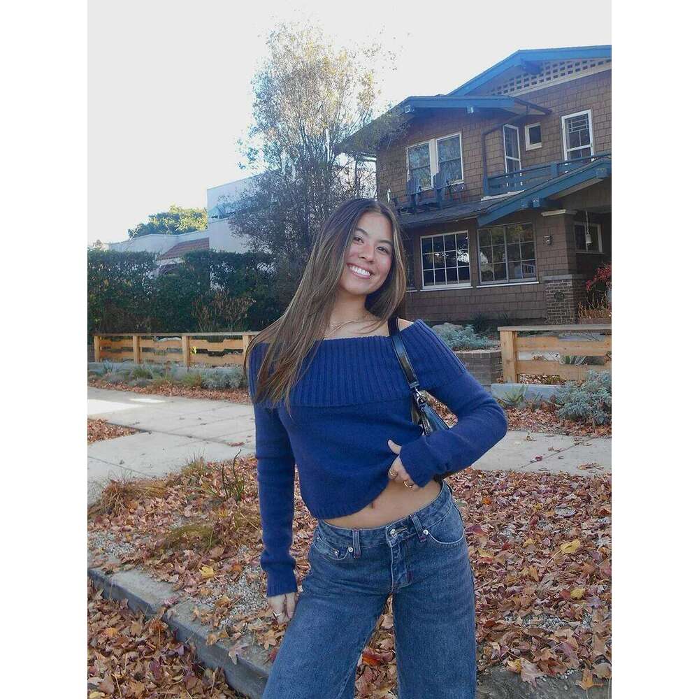 Navy Vintage Cropped Women Spring Slash Neck Long Sleeve Slim Crop Top Sweet Fashion Streetwear Knit Sweater Y2k Jumper Z260313