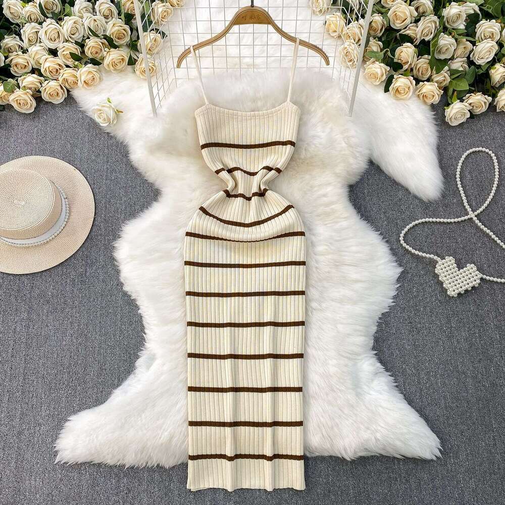 2026 European and American sexy backless camisole dress summer a16 new elastic striped knitted slim fit