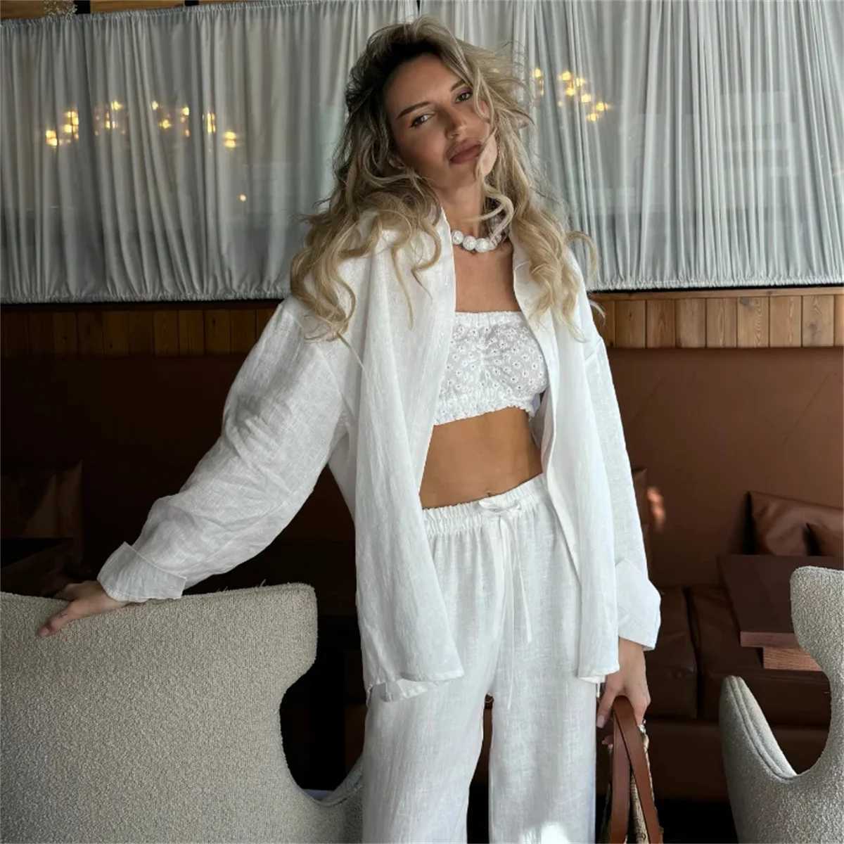 Classic Solid Shirt Pants Set Women Casual Loose Long Sleeved Lapel Elastic Waist Two Piece Suit 2025 New Summer Street Outfit M260313