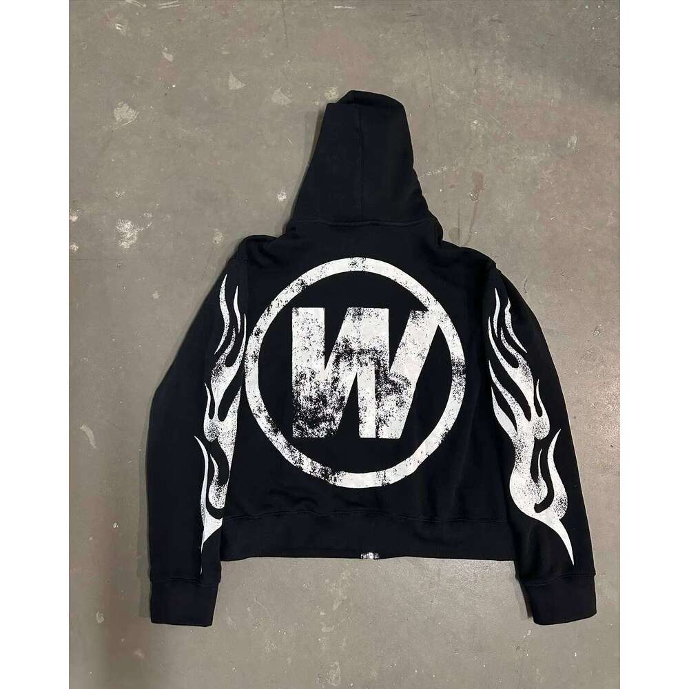 Y2K retro autumn black hoodie printed personality pattern style street hooded cardigan long sleeves trousers sportswear Z260315