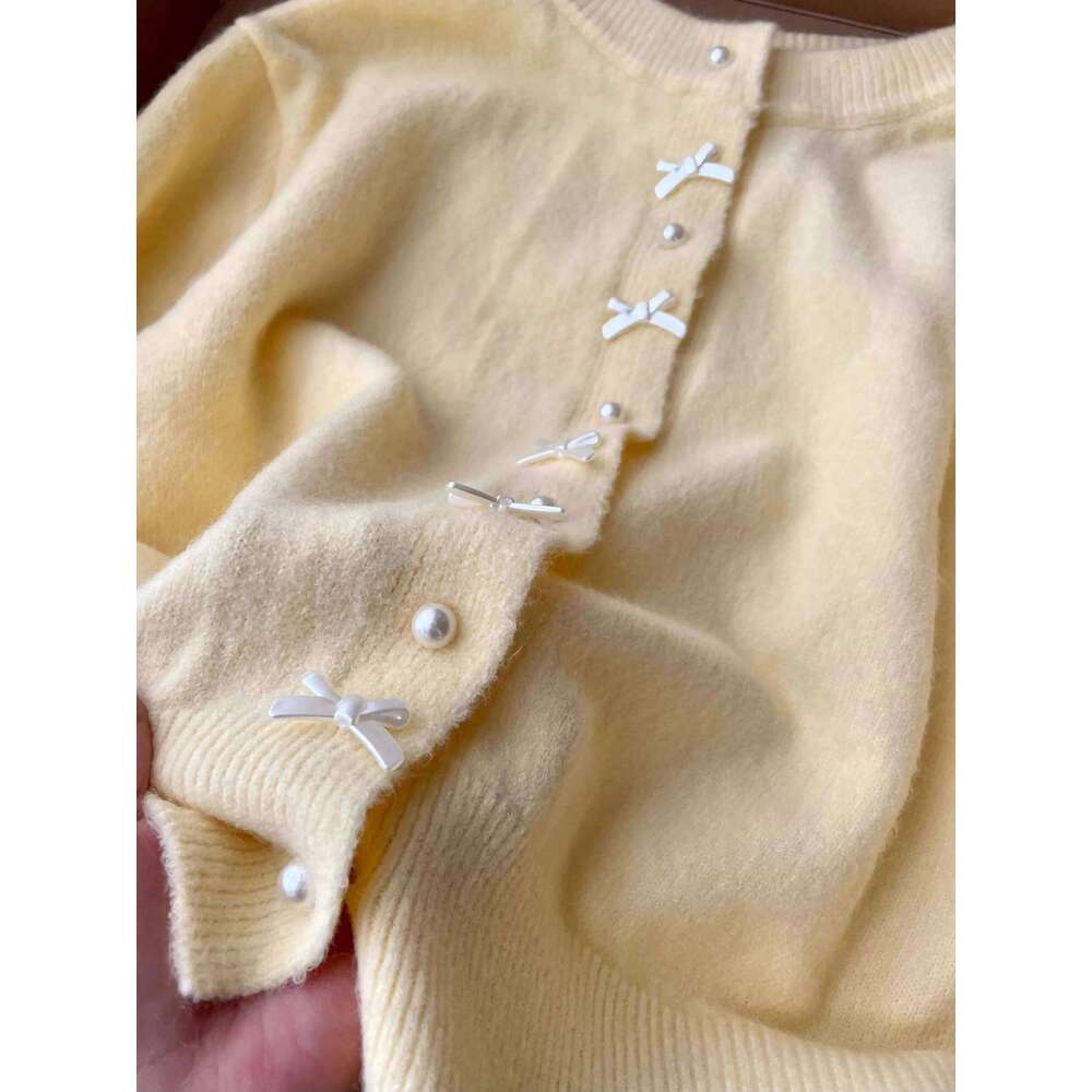 Women's Sweater Gentle Style Long Sleeve Pearl Button Top Spring Autumn New O-Neck Sweet Bow Yellow Knitted Cardigan Coat Z260313