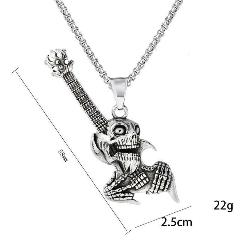 Hip Hop Rock Skeleton Men Guitar Instrument Pendant Necklace Retro Punk Silver Color Stainless Steel Chain Neck Jewelry Gifts H260312