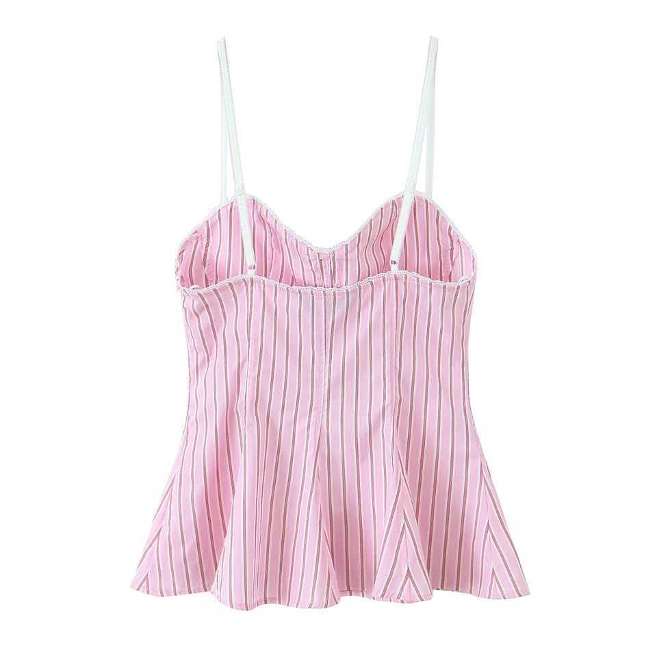 DUOPERI Women Y2K Fashion 3 Pieces Sets Pink Striped Shirt Trousers With Belt Thin Straps Tops Feamle Chic Pants Sets M260313