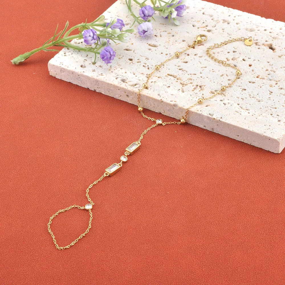 Lokaer Stainless Steel Zircon Hand Chain Bracelet Ring for Women 18k Gold Plated Bracelets Link Adjustable Party Jewerlry B25223 260313