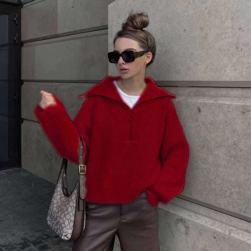 Casual Knitted Zipper Lapel Collar Long Sleeve Solid Color Pullover For Autumn Winter Women's Fashion and Versatile Sweater Z260313