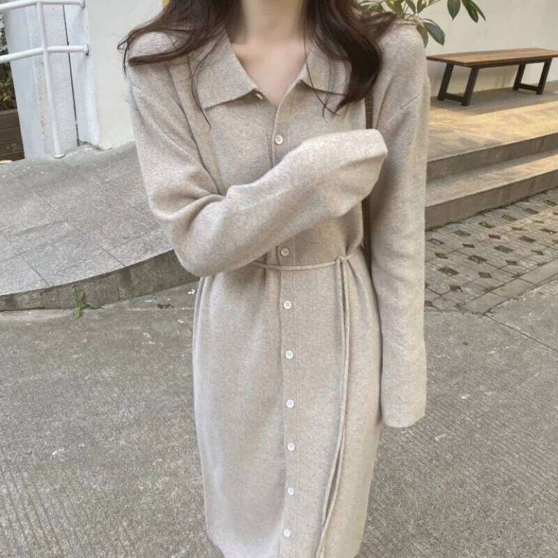 Women Spring Autumn Solid Color Turn Down Collar Long Sleeve Knitting Sweater Cardigan Slim Korean Bodycon Party Midi Dress Z260314