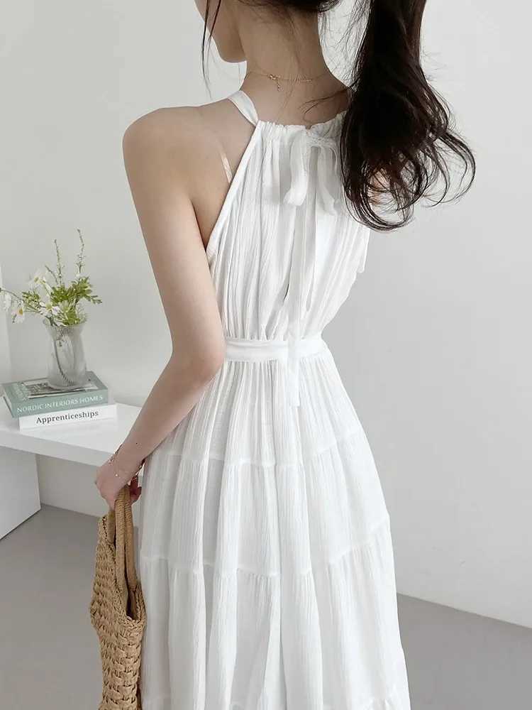 Korean Sle Chic Summer Svel Neline Waist Cinched Slimming Long Vest Dr Womens Faion Commute Wind Regular FitT260314