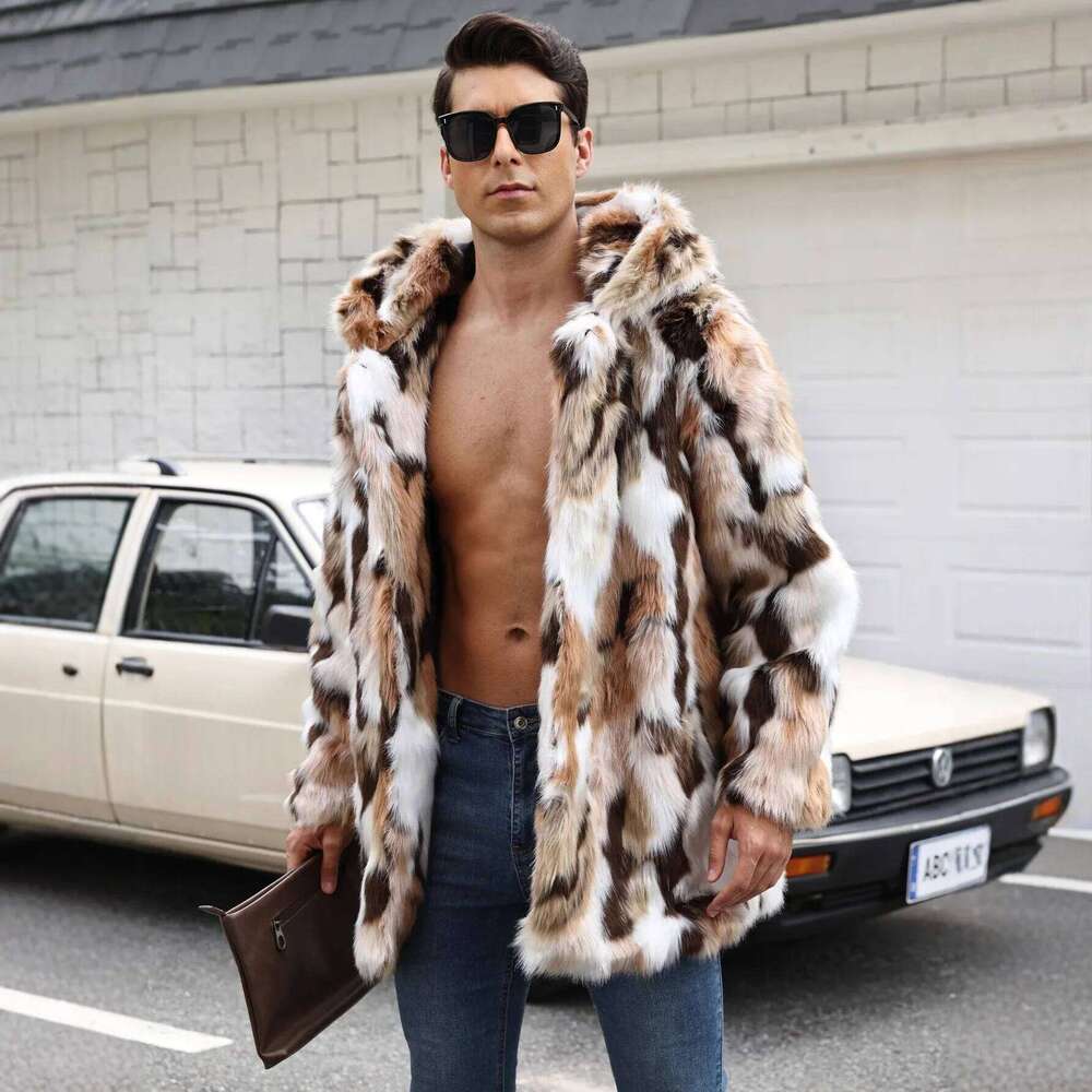 European American Autumn Winter New Fashion Men's Color-coded Casual Trendy Loose Long Sleeve Hooded Faux Fur Coats Male Tops Z260313