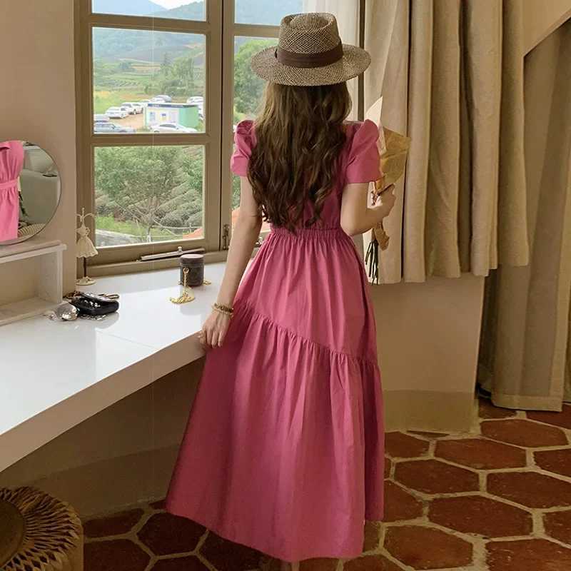 Elegant French Waist-Cinching Pink Dress Womens Summer 2025 New Small Size High-End Sensation Meat Covering Slim Long DressT260314