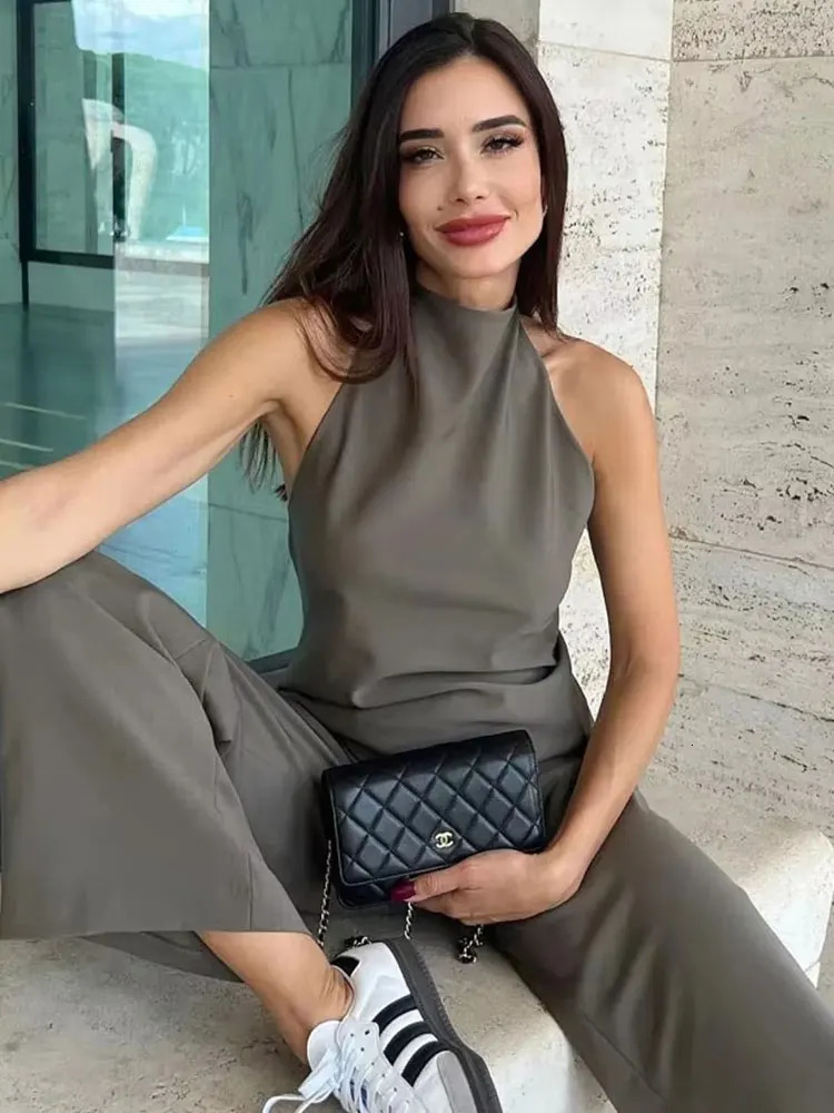 HH Women Vintage Solid Pant Sets Sexy Backless Halter Camis Top Asymmetric Tank Top Drawstring Trousers Fashion Streetwear 260309