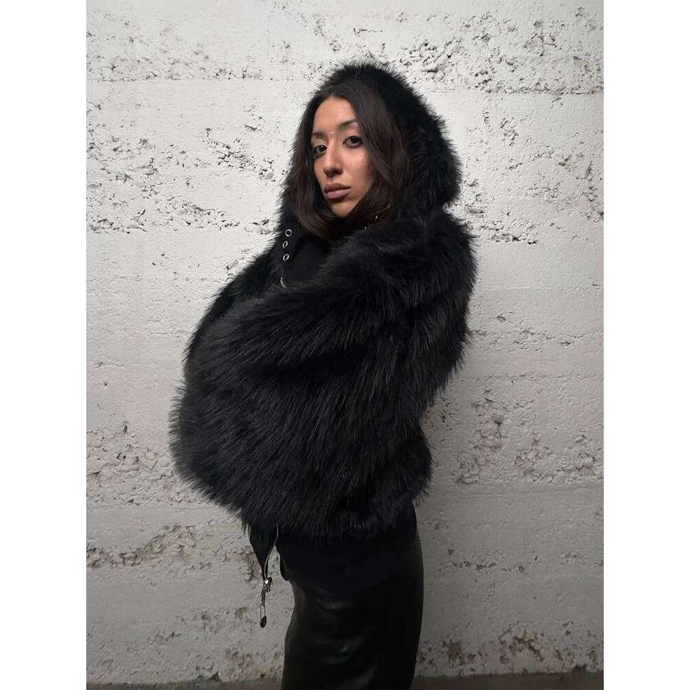 Autumn Winter Oversized Thickened Warm Black Reversible Faux Fur Parka Coat women with Hood Zipper Fluffy Sweatshirt 2025 Z260313