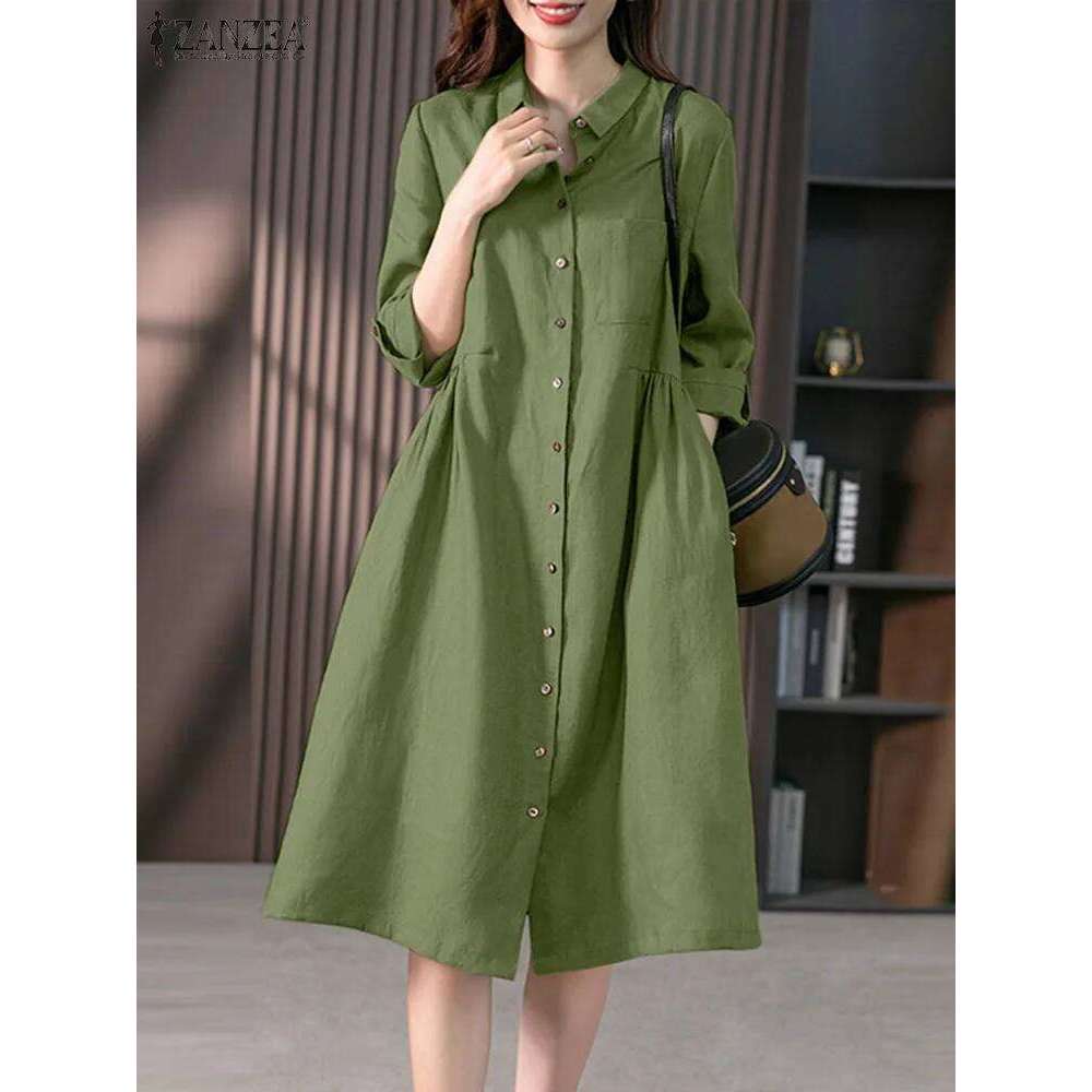2024 Spring Causal Shirt Dress Women Long Sleeve Solid Dresses ZANZEA Fashion Lapel Neck Midi Vestidos Holiday Sundress Oversize Z260313