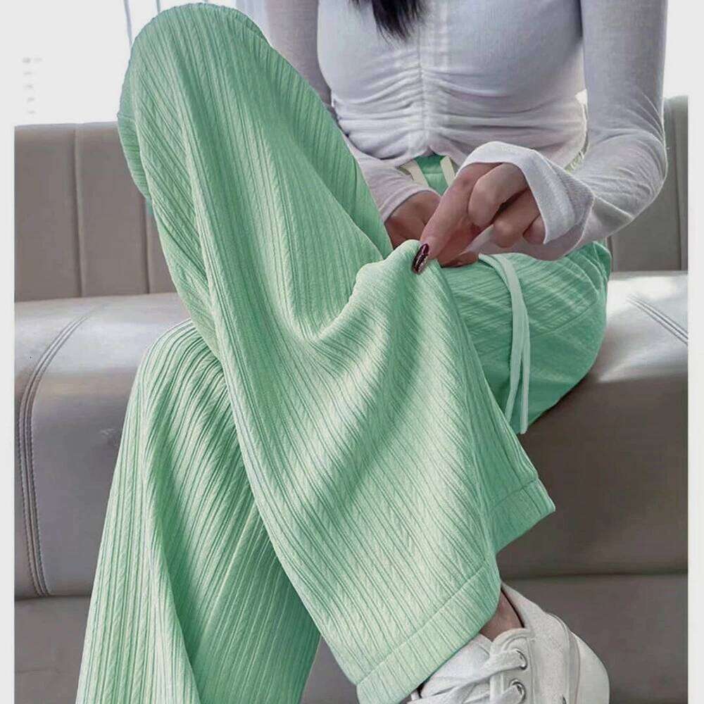 Summer Cool Ice Silk Straight Women Fashion High Waist Wide Leg Trousers Female Solid Sagging Feeling Baggy Casual Pants