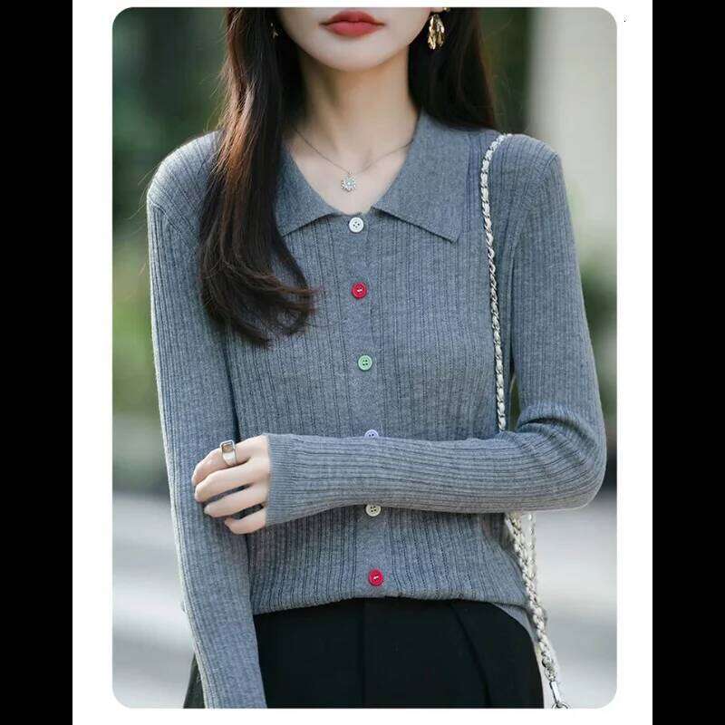 New Autumn Winter Polo Collar Casual Striped Sweater Versatile Long-sleeved Buttoned Cardigan Embroidered Jacket Z260313