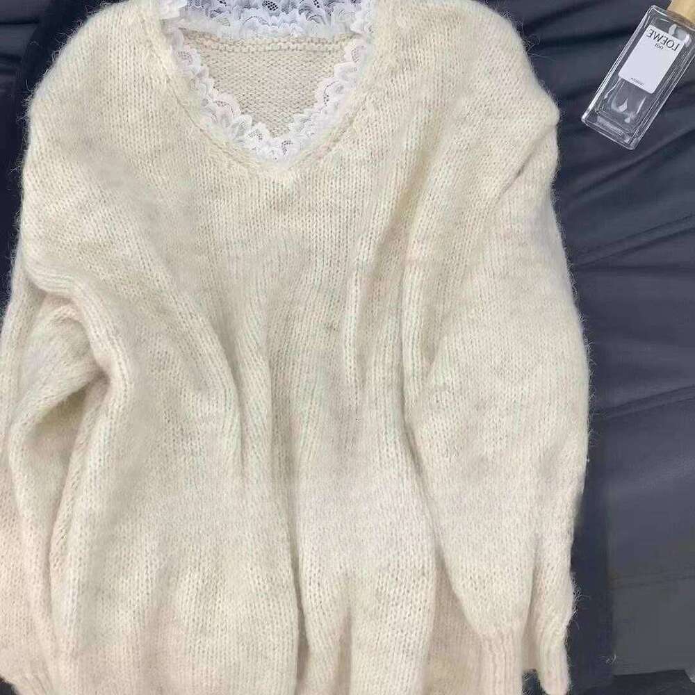 Elegant V-Neck Lace Patchwork Sweaters Women Fashion Office Lady Solid Loose-Fit Soft Knitted Pullover Z260314