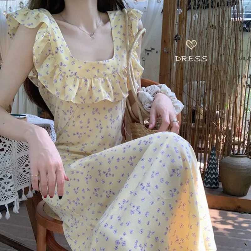 Women Elegant Baby Blue Floral Maxi Dress Lady Feminine Ruffle Trim Square Neck A-Line Dress Female Prairie Chic Party DressT260316