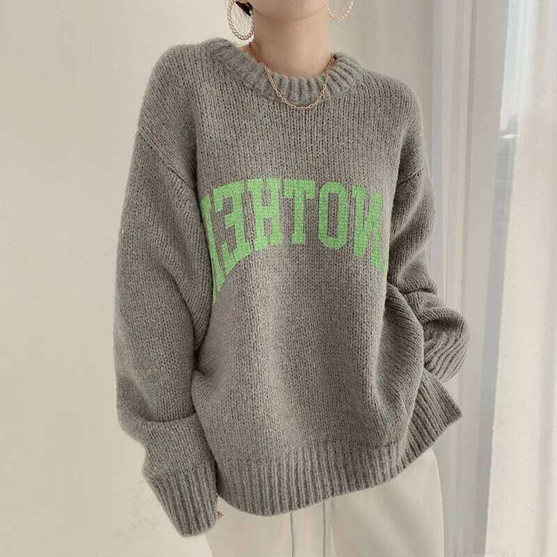 Women Winter Warm Candy Color New Fashion Pullovers Clothes Loose Thicken Sweater Knitted O Neck Letter Print Knitwear Z260313