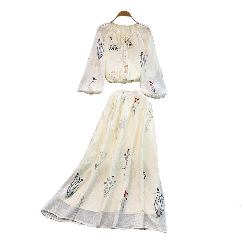 2026 designer's new sweet style lace up design embroidered loose single breasted shirt high waist slimming skirt