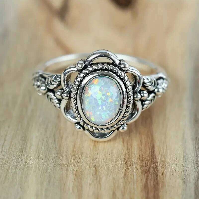 Huitan Vintage Style Aesthetic Finger Ring for Female Anniversary Accessories with Simulated Opal Retro Party Jewelry H260312