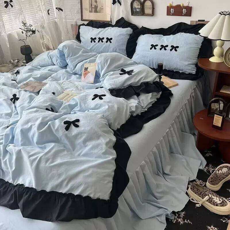 Ins Girl Bow Lace Washed bedding Set Cotton duvet 4 piece pillowcase with bed line Bed Skirt comforter cover set H260312 - view 6